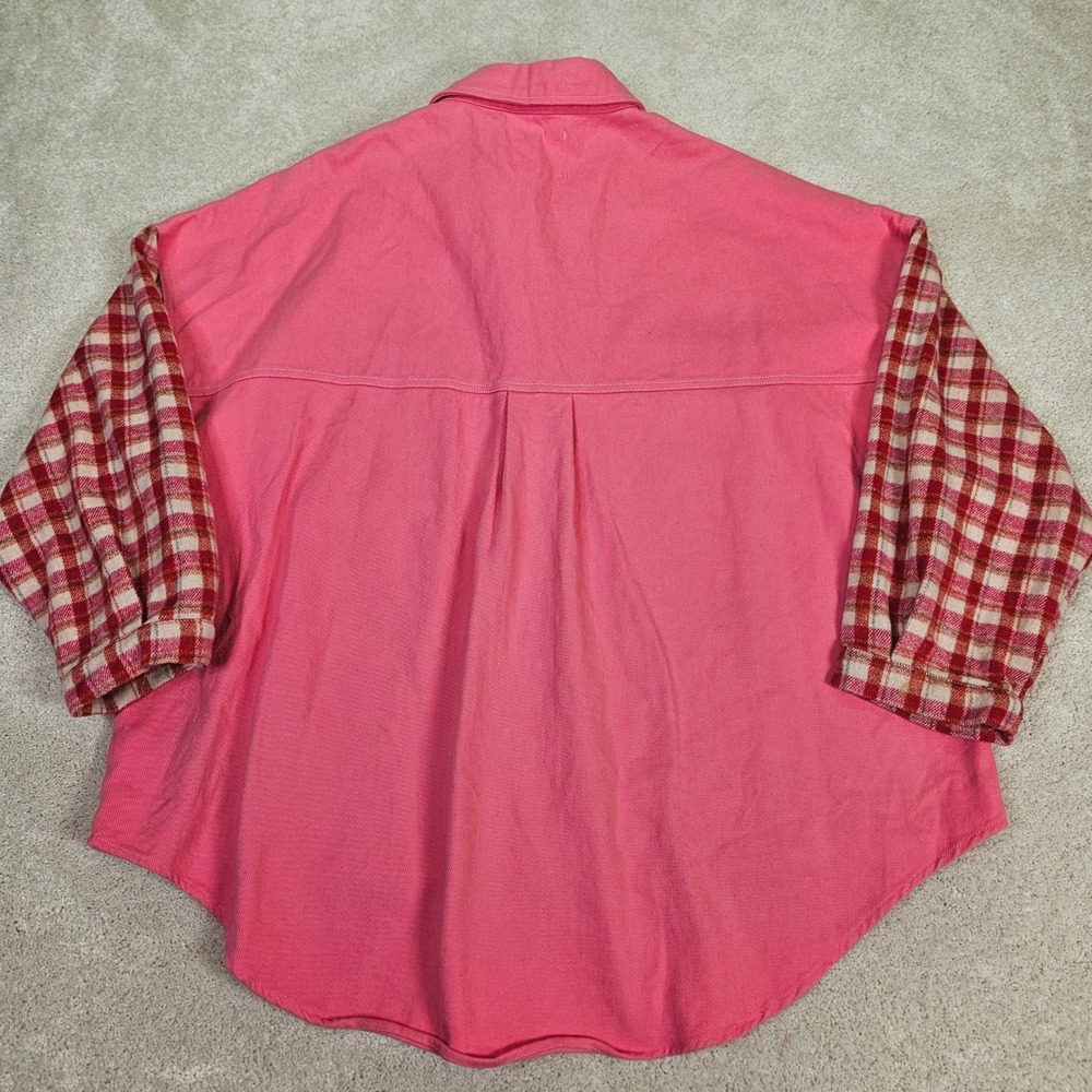 Fantastic Fawn Pink‎ Plaid Sleeve Oversized High-Low Shacket Size L Relaxed Boho - Picture 7 of 8